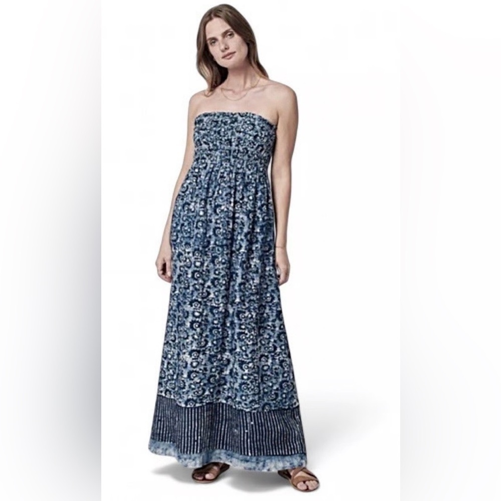 FAHERTY Margarita Linen Maxi Dress Strapless in Blue Batik Print